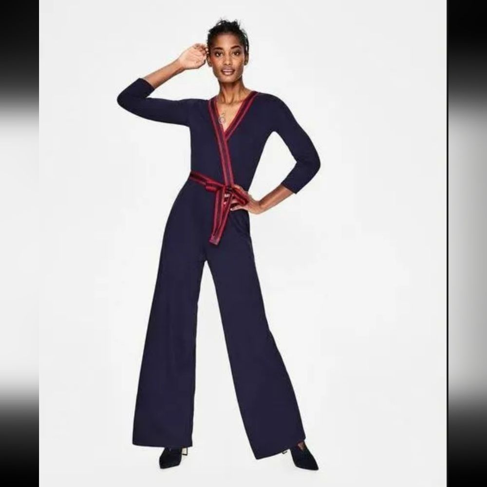 Boden Womens Isla Jersey Knit Wrap V-neck Nautical Jumpsuit Size 6